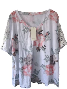 Damen 2X Blumen Kurzarm Top V-Ausschnitt offene Spitze am 1/2 Arm NEU - Bild 1 von 8