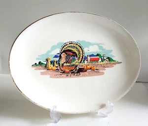 Vintage Sabin Gold Rim Thanksgiving Dinner Turkey Barnyard Large Platter - Picture 1 of 5
