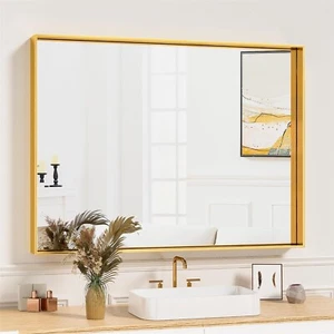 Suidia Bathroom Mirror, 40" x 30" Wall Mirror, Brushed Metal Frame Wall Mounted - Picture 1 of 7
