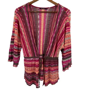 NIC+ZOE Cardigan maglione donna L multicolore righe cravatta davanti manica 3/4 lino - Foto 1 di 10