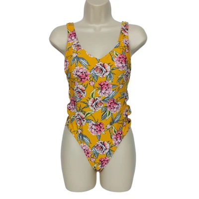 Traje de baño Xhilaration de una pieza pequeño naranja floral cuello en V acolchado cruzado lateral Foto 1 de 4