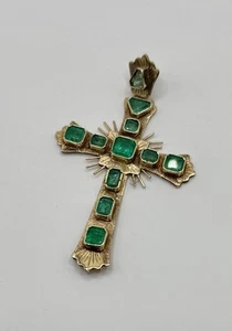 Gold Cross Pendant With Columbian Emeralds 18K yellow gold 2.4" long - Picture 1 of 9