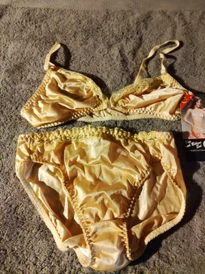 Vintage Captiva Silky Beige Bra & Panties Sz 36 A-B Shiny Nylon Lace Hicut Sz L - Image 1 of 4