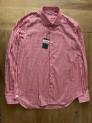 Sartorio Napoli Dress Shirt Mens 18 45 Gingham Plaid Red White Luxury Designer - Image 1 of 4