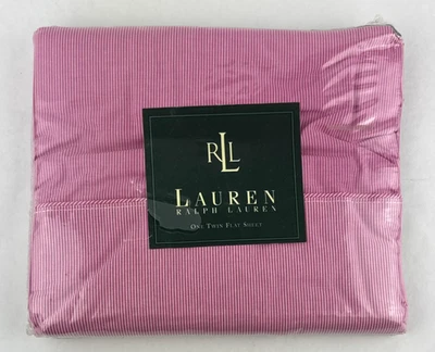Vintage Ralph Lauren Narrow Stripe Pink Flat Sheet NOS TWIN Made in USA Stripes - Image 1 of 4