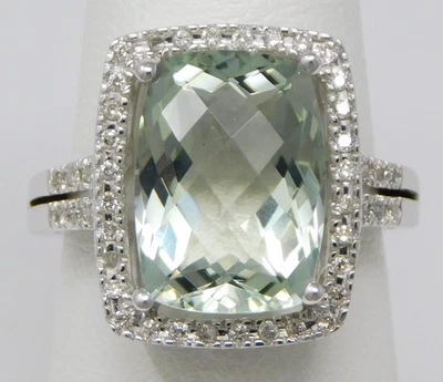 14 kt White Gold Cushion Fantasy Cut Aquamarine Halo Diamond Ring Sz 7 B9148 - Image 1 of 4