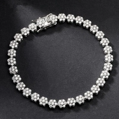 D VVS1 Moissanite Flower Tennis Bracelet Men Women Chain 925 Sterling Silver GRA - Image 1 of 4
