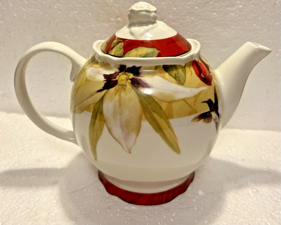 222 Fifth International  Belize Floral Porcelain 5 cup Teapot Hummingbird - Image 1 of 4