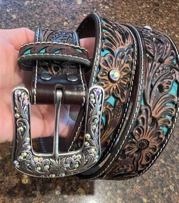 Cinturón para mujer Ariat cuero estrás marrón occidental turquesa nuevo talla mediana Foto 1 de 4