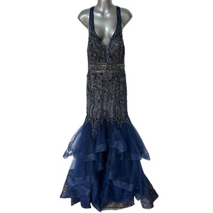 Abito formale Jovani blu navy perline paillettes abito lungo senza maniche donna taglia 10 - Foto 1 di 14