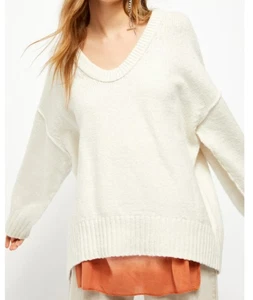 Suéter Free People Alli Blanco Cuello en V De Gran Tamaño - Talla Pequeña Ret $180 - Imagen 1 de 10