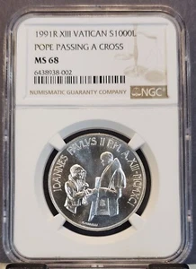 1991 VATICAN SILVER 1000 LIRE POPE PASSING A CROSS NGC MS 68 TOP POP - Picture 1 of 3