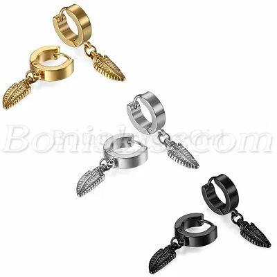 Pendientes de aro con bisagras Huggie colgantes de plumas de acero inoxidable para hombre y mujer Foto 1 de 2