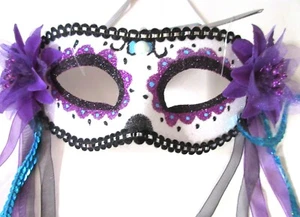 NWT Halloween Masquerade Eye Mask Purple White Black Day of the Dead Adult - Picture 1 of 5