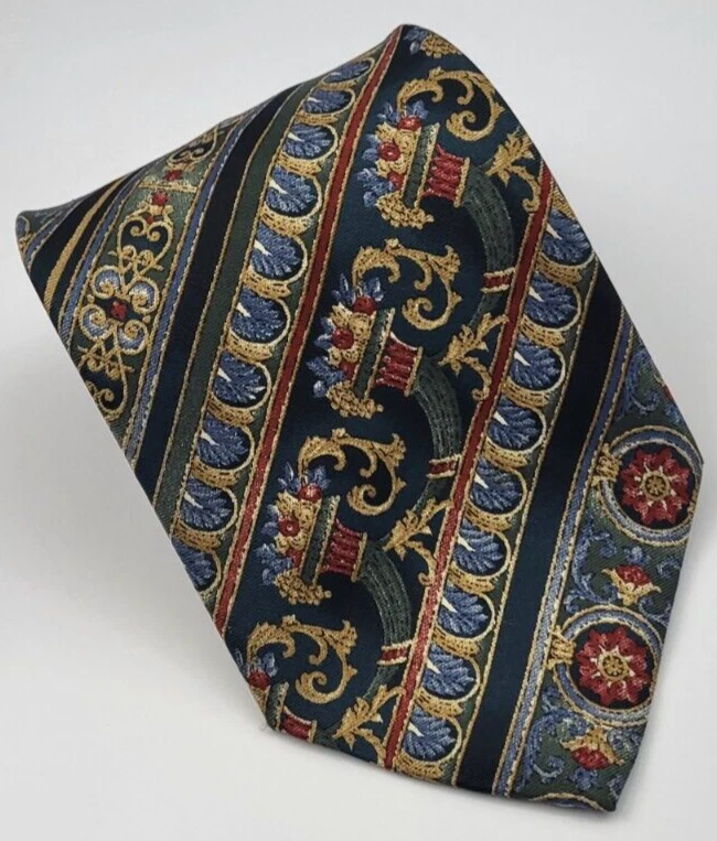 Bill Blass Silk Tie Blue Gold Red Baroque Geometric Necktie Short USA 55 x 3.75 - Image 1 of 4