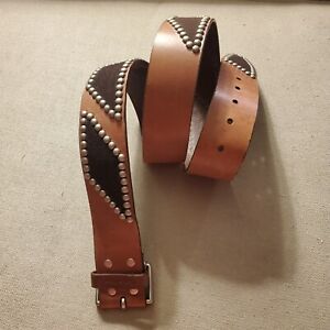 Calvin Klein Tan Leather Belt Brown Suede Nail Heads 44" Long