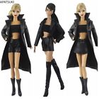Schwarze Mode Leder Kleidung Set für 11,5" Puppen Outfits Trechcoat Rock Stiefel
