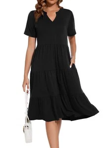 Womens Summer Short Sleeve V Neck Midi Dress 2025 Casual Fit Flowy Tiered Bea... - Picture 1 of 7