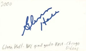 Carta indice firmata Glenn Hall Great Goalie Chicago St. Louis NHL Hockey JSA COA - Foto 1 di 2