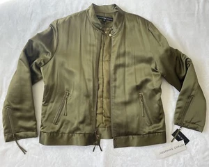 Josephine Chaus 10 Silk Bomber Jacket Olive Green Zip Snap Quilted Large Lux NWT - Picture 1 of 21