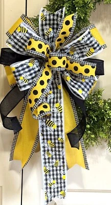 10 "X 20 " MINI CHECK BUMBLEBEE WIRED BOW for DOOR WREATH LIGHT POST # 194- B - Image 1 of 2