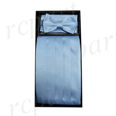 NUEVO en caja formal 100% poliéster sólido Cummerbund_pajarita y pañuelo conjunto azul claro Foto 1 de 4