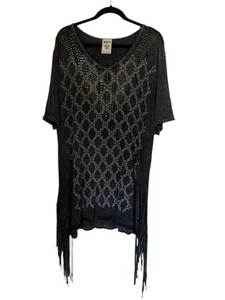 Vocal Nieten Fransen Tunika Shirt Damen 3X schwarz Acid Wash Western Festival Boho - Bild 1 von 8