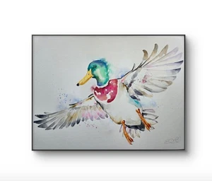 Pintura acuarela original firmada Elle Smith, pato mallardo volador, bellas artes - Imagen 1 de 7