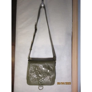 Patricia Nash Olive Green Leather Floral Embossed Crossbody Bag Adj. Strap Flap - Picture 1 of 16