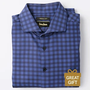 Neiman Marcus Men’s Trim Fit Dress Shirt L Blue Check 100% Cotton Long Sleeve - Picture 1 of 8