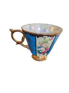 Royal Sealy China Japan Tea Cup Only Blue W/Rose Cabbage Panels Gold Trim-Collec - Picture 1 of 8