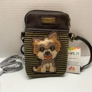 NEW CHALA YORKIE TERRIER DOG BROWN STRIPE CELL PHONE CROSSBODY PURSE BAG - Picture 1 of 7