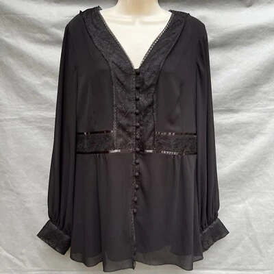 Nine West Size 10 Black Lace V-Neck Long Sleeves Y2K 2000s Shirt Blouse Top Fall - Image 1 of 4