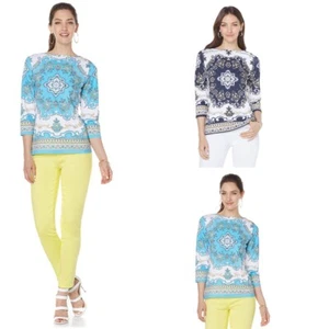 DG2 by Diane Gilman Scarf Print Tee 457401-K-6 (M, Turquoise or Navy) - Picture 1 of 3