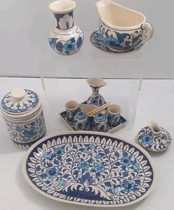 Jaipur Blue Pottery Collection Hand made Indian 14 PC's + 2 Spoons - Picture 1 of 16
