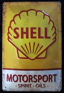 SHELL MOTORSPORT ÖL & BENZIN, BLECHSCHILD 20 x 30cm mit PRÄGUNG