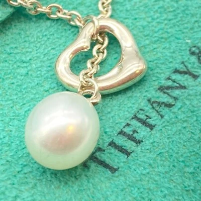Tiffany & Co. Open Heart Pearl Lariat Pendant Necklace 16" Elsa Peretti 5.8g - Image 1 of 4