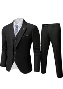 MYS Men's 3 Piece Slim Fit Suit Set, One Button Solid Jacket Vest Pants with Tie - Picture 1 of 8