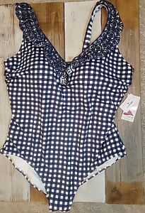 Draper James Lands End Navy White Plaid Ruffled Strap Swimsuit Size 22W NWT