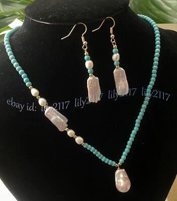 Natural Blue Turquoise White Rice Baroque Pearl Pendant Necklace Earrings Set - image 1 of 4