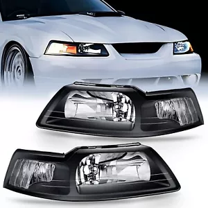 FOR 99-04 FORD MUSTANG BLACK HOUSING CLEAR CORNER HEADLIGHT REPLACEMENT LAMPS - Picture 1 of 8