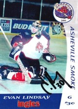 EVAN LINDSAY, PANTHERS/RACERS/STARS, RARE SIGNED/AUTO'D 2000-01 SMOKE UHL CARD.