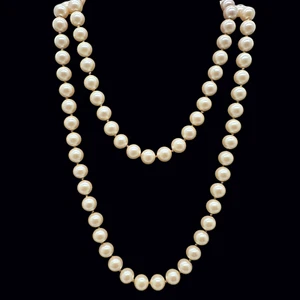 Glass Faux Pearl Quality Hand Knotted 30'' 8mm Long Faux Art Deco Necklace Vtg - Picture 1 of 13