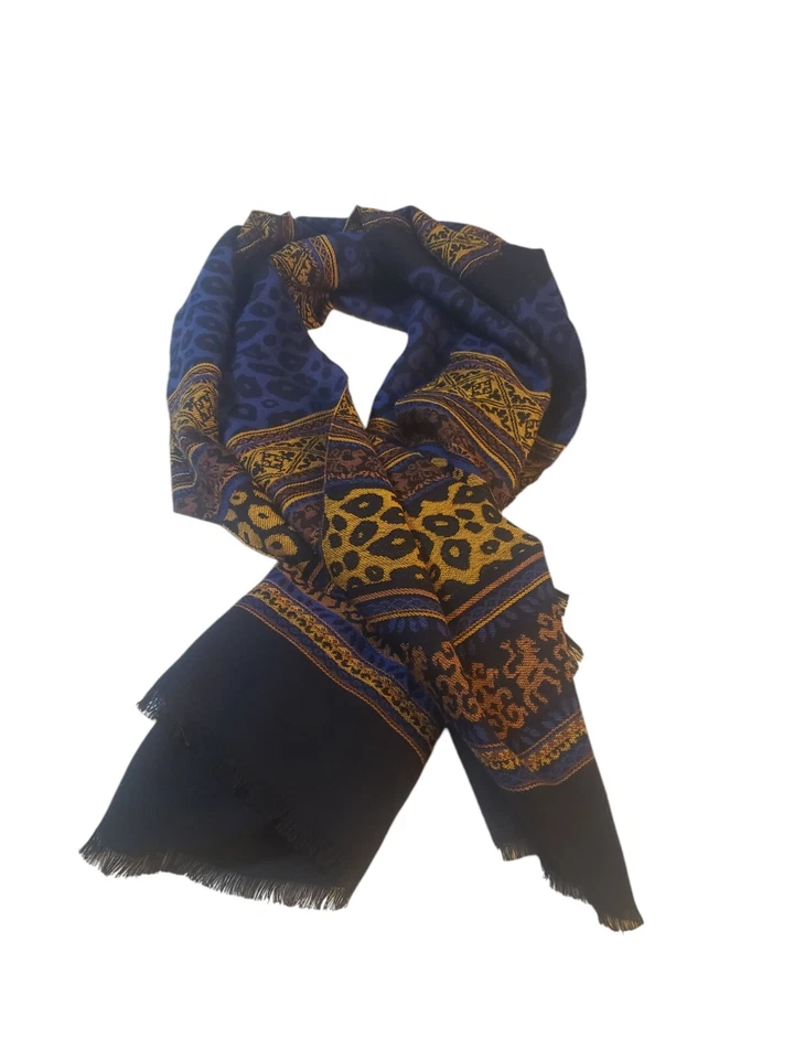 Cachecol feminino de lã 64" x 27" amarelo roxo animal marinho 1/2" franja feito em CEE - Imagem 1 de 4