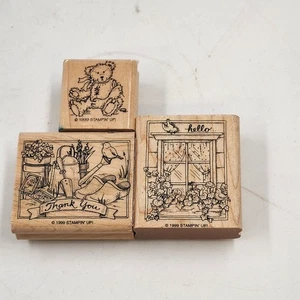 3 Wood Rubber Stamps Greeting Theme Bear Thank you Hello Stampin' Up! 1999 - Picture 1 of 14