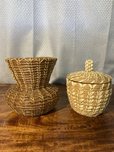 Lot of 2 Vintage Hand Weaved Baskets 1 With Lid - Picture 1 of 18