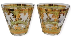 Georges Briard CARRARA 12oz Low Ball Green And Gold Cocktail Glass Lot Of 2 - Picture 1 of 6