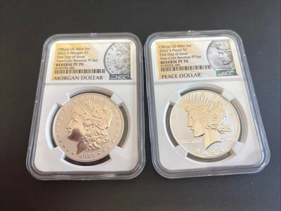 2023-S Morgan and Peace Dollar First Day of Issue Two-Coin Set NGC Reverse PF 70 - Image 1 of 4