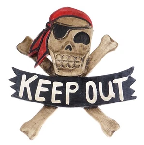 Sign KEEP OUT Pirate Skull & Crossbones Rustic Wood Plaque Bedroom Man Cave - Picture 1 of 5