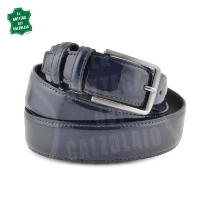 Cintura pelle vitello spazzolato uomo abito cerimonia elegante vernice blu - Immagine 1 di 4